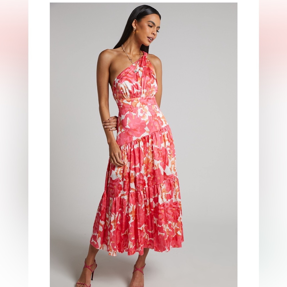 GEORGINE MIDI DRESS - ONE SHOULDER RUCHED TIERED DRESS IN PEONY BLOSSOM